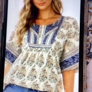 Lucky Brand Blue and Cream Floral Blouse